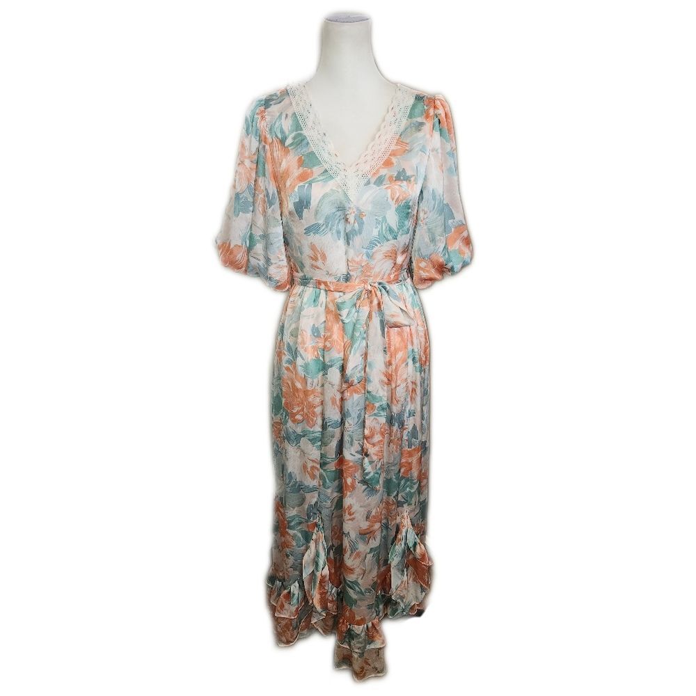 Polagram Beautiful Peach & Green Floral V-neck Belted Maxi Dress, S